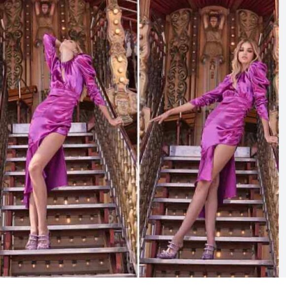 For Love & Lemons Bowie Metallic Dress Satin Cutout Magenta NWT S - Picture 2 of 13